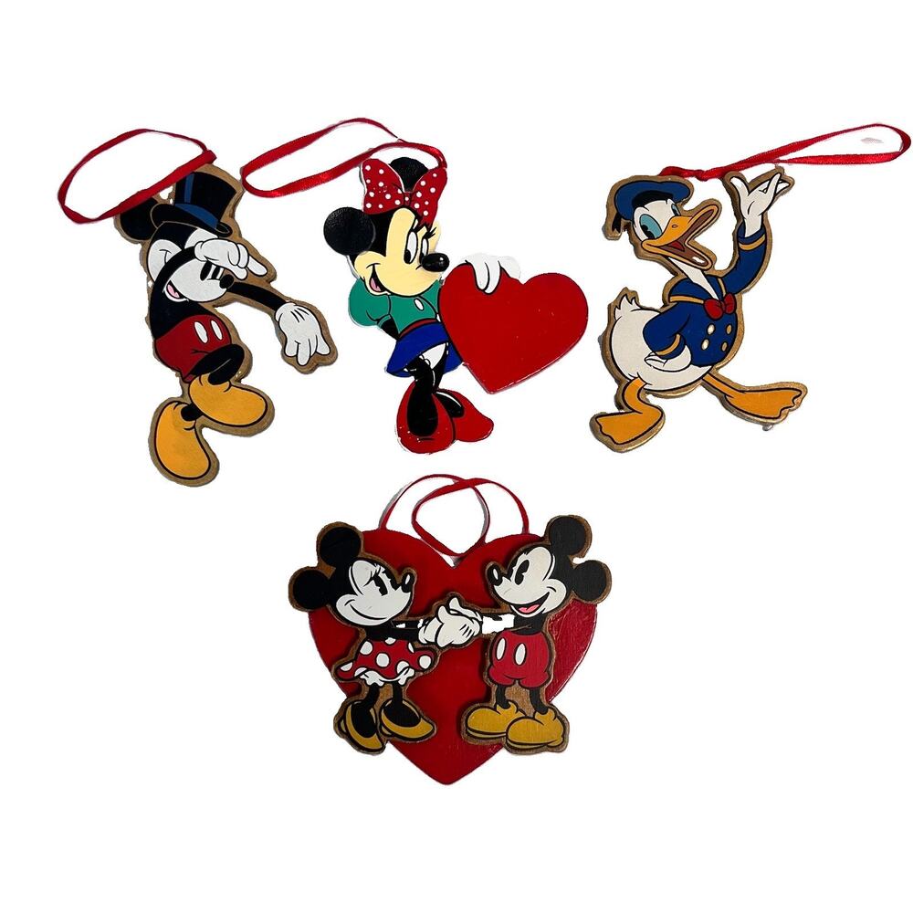 Vintage Disney Wooden Christmas Ornament 4pc Lot Mickey Mouse Minnie Donald Duck